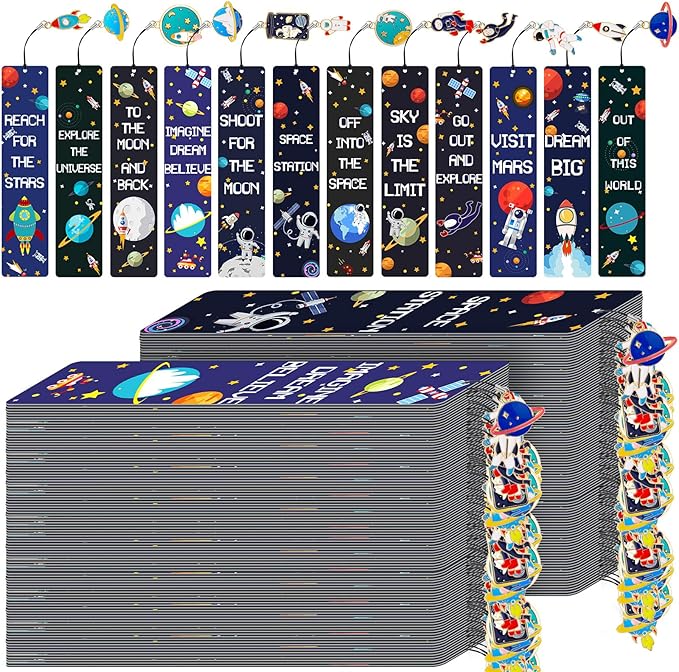Christmas Space Theme Bookmarks with Metal Charms Planet Rocket Space Ship Theme Bookmarks Inspirational Quotes Bookmarks for Space Christmas Party Favors Gifts Kids Boys Girls Encourage(288 Pieces)