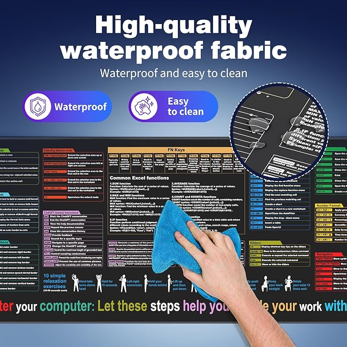 Waterproof Mouse pad—Excel Cheat Sheet Desk pad—Contains 9 major Excel function modules and common functions—Large XL Mouse pad Gaming|Desk mat for Keyboard and Mouse|Computer mat with excel Shortcuts