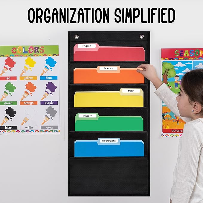 5 Pocket File Pocket Chart, Black, 14" Wide x 24" Tall - Versatile Wall Hanging File Folder Organizer for Classroom, Office, Home, and More - Wall Folder Organizer - 5 Pockets