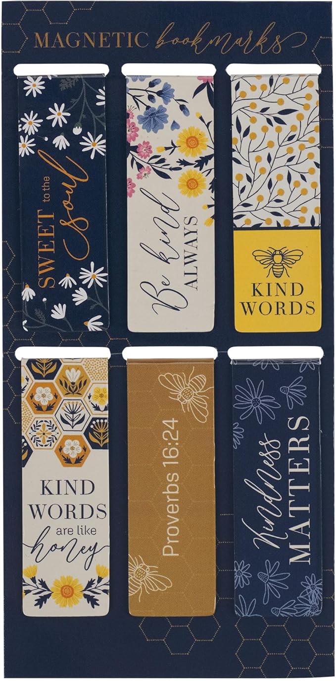 Christian Art Gifts Colorful Inspirational Magnetic Scripture Bookmark Set for Women: Kind Words are Like Honey Themed Navy Blue & Yellow Multicolor Floral Theme for Books, Bibles, Papers, Set of 6