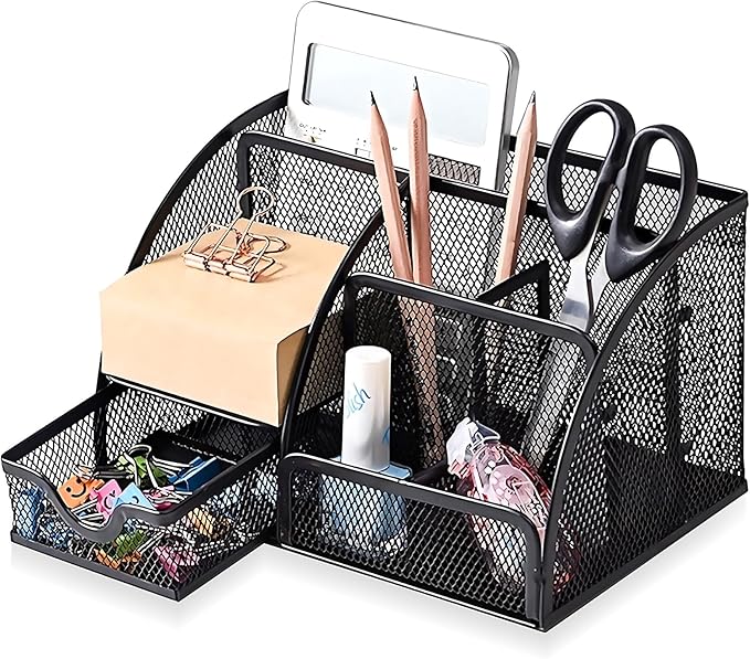 Mesh Desk Organizer, Desktop Organizer with Drawer, Office Supplies Multi-Functional Caddy, Metal Stationary Black Desk Caddy, with 6 Compartments and 1 Drawer for Home, School, Workshop, kitchen