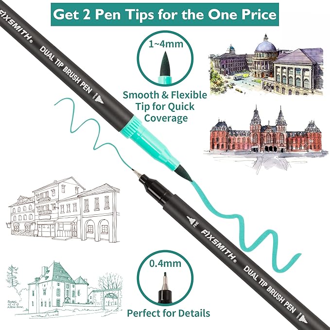 FIXSMITH Dual Brush Marker Pens - 24 Colored Art Markers, Fine Point & Brush Tip Water Based Markers, for Kids Adult Coloring Books Bullet Journals Planners, Note Taking Sketching Drawing Art