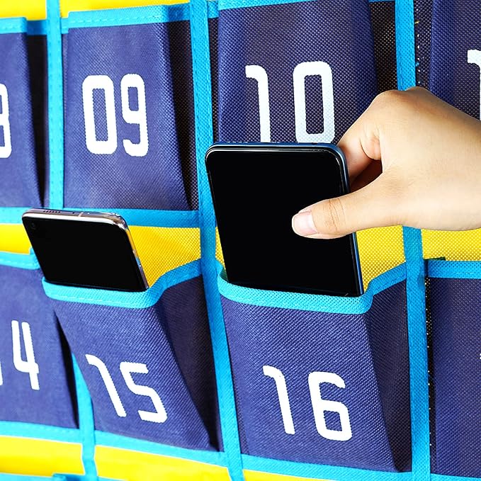 Loghot Numbered Classroom Sundries Closet Pocket Chart for Cell Phones Holder Wall Door Hanging Organizer (30 Pockets Blue)