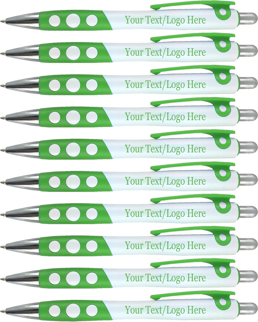 SyPen Personalized Ballpoint Pens With Custom Logo/Text-350 Pack Bulk-for Businesses, Parties, & Events, Custom Printed, White Barrel with Matching Colored Clip and Grip, Click Pens, Black Ink, Green