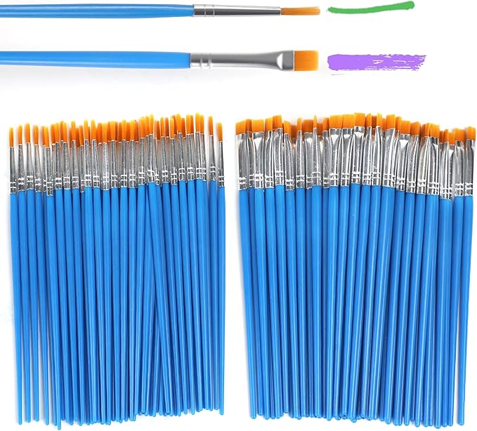 100 Pcs Paint Brushes Set for Acrylic Painting, 50 Pcs Flat and 50 Pcs Round Art Paint Brushes, Painting Brushes for Kids Adults Oil Watercolor Rock Painting Body Face Nail Art