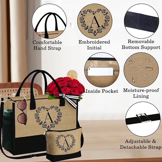 YOOLIFE Christmas Gifts for Women - Initial Jute Tote Bag & Makeup Bag, Birthday Gifts for Women Her Mom Teacher Friend