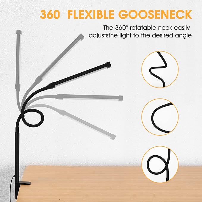 LED Desk lamp with Clamp, Eye-Caring Clip on Lights for Home Office, 3 Modes 10 Brightness, Long Flexible Gooseneck,Metal, Swing Arm Architect Task Table Lamps with USB Adapter, Black