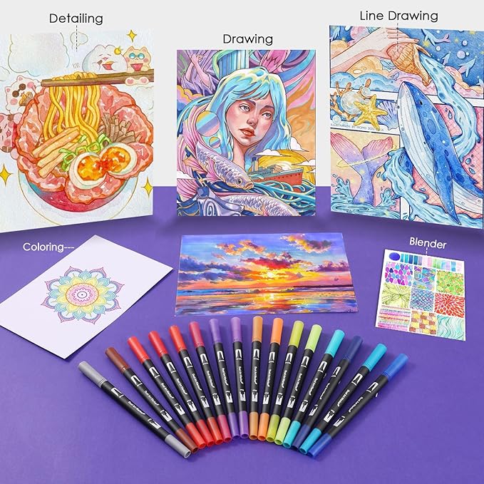 Double Brush Marker Pens, 72 Colors Art Markers Set with Fine Tip and Brush Tip for Kids Adult Coloring Book Hand Lettering Calligraphy Drawing Art Supplies Kit