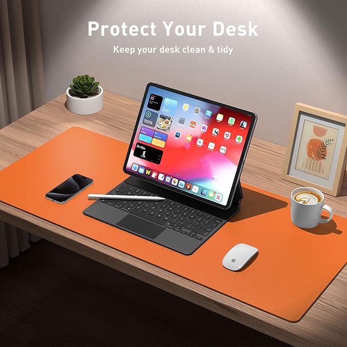 Aothia Leather Desk Pad Protector, Mouse Pad, Office Desk Mat, Non-Slip PU Leather Desk Blotter, Laptop Desk Pad, Waterproof Desk Writing Pad for Office and Home (23.6" x 13.7", Hermes Orange)