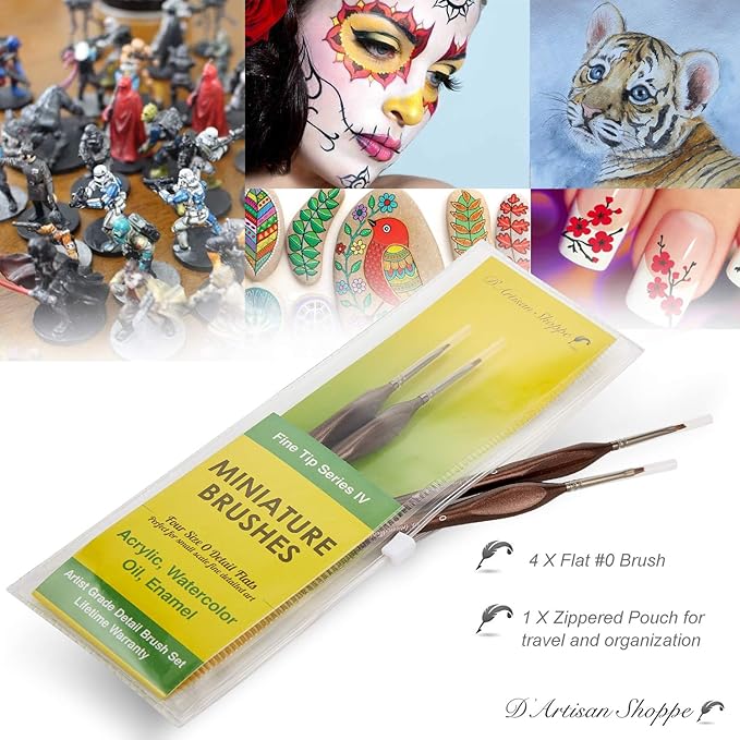 Small Paint Brush Set Craft. 4 pc Flat Paint Brushes for Acrylic Painting Size 0. Model Brush for Dry Brushes Warhammer 40K, Paint by Numbers, Mini Detail Hobby Art Touch Up Miniature Painting