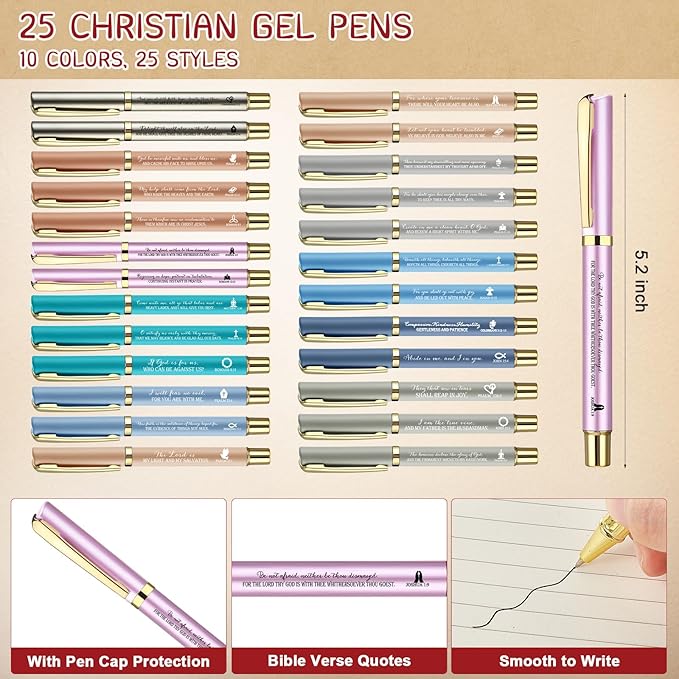 25 Sets Christmas Christian Church Gifts Bulk Bible Verse Plastic Gel Pen Religious Silicone Keychains Scripture Bookmark 2''x 6'' Emergency Numbers Bible Bookmarks Gift Pastor(Colorful)
