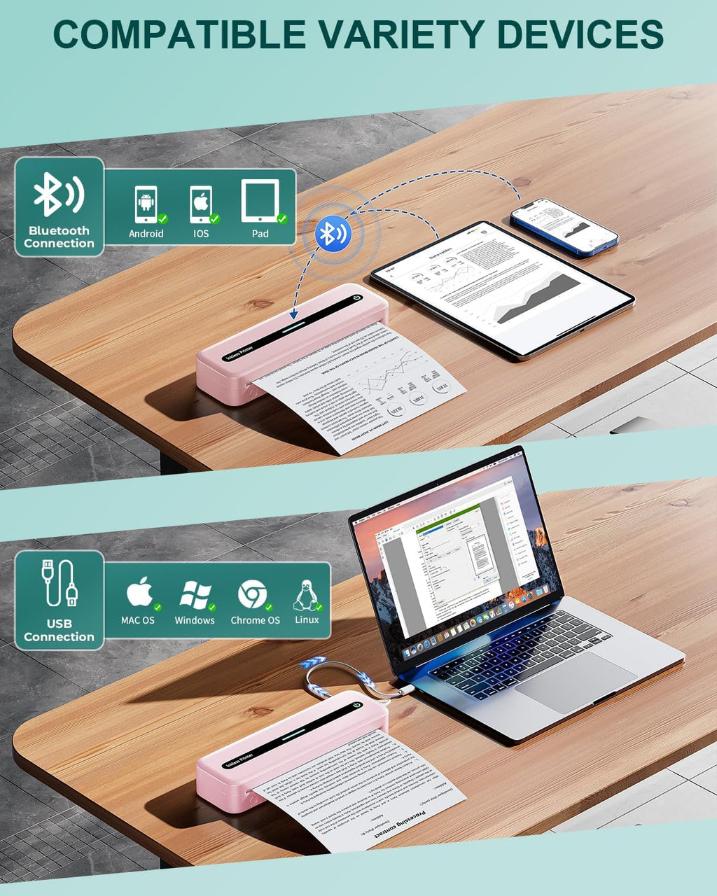 COLORWING Portable Printers Wireless for Travel, 300DPI Mini Compact Inkless Printer, Thermal Bluetooth Printer Compatible with Android and iOS Smartphone & Tablet & Laptop - Pink