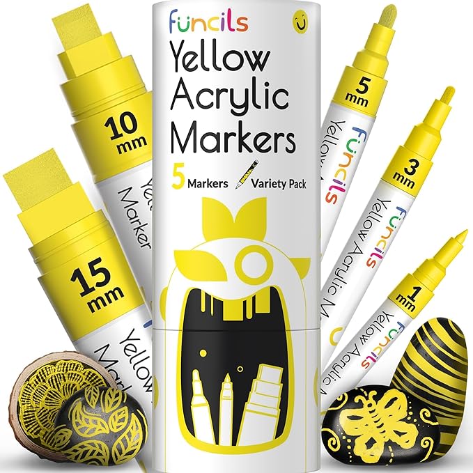 5 Acrylic Yellow Paint Pen - Extra Fine Tip, Thin & Jumbo (1mm, 3mm, 6mm, 10mm, 15mm) - Yellow Paint Marker for Metal, Fabric, Canvas, Wood, Rock Painting, Glass Markers, Water-based ink