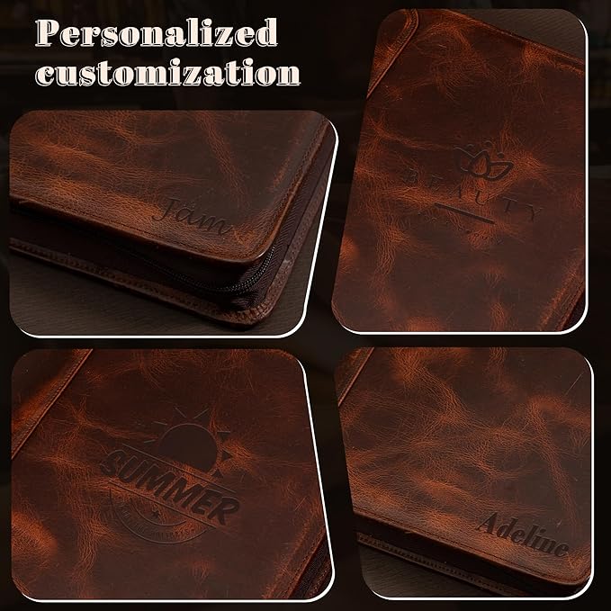 AZXCG Leather Portfolio with Zipper, 3 Ring Binder Resume Padfolio Folder, Professional Planner with A4 Notebook Holders, Business Document Organizer for 13.3" Laptop, Gift for Women/Men, Oil Wax