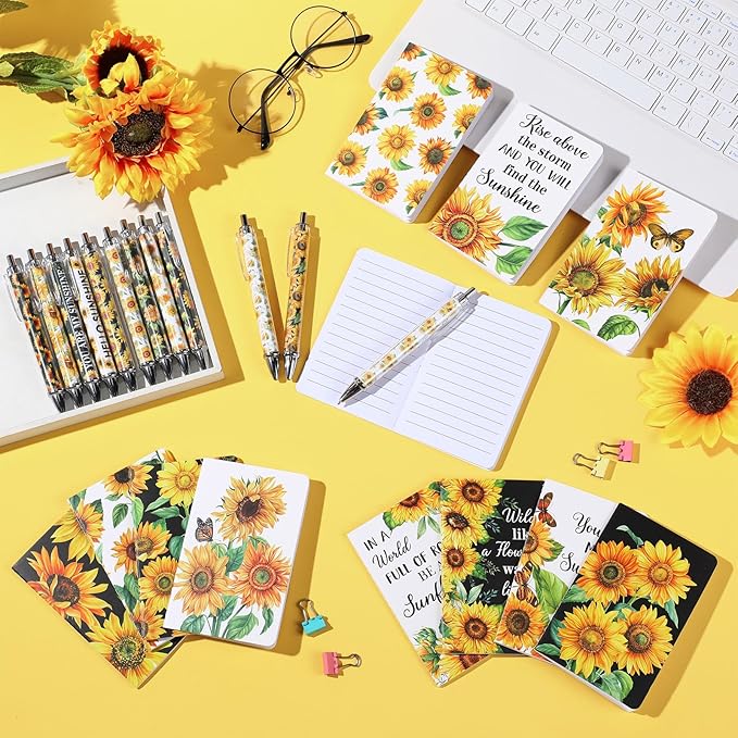 Pasimy 48 Pcs Sunflower Notebooks and Pen Set, Sunflower Mini Notepad Sunflower Party Ballpoint Pen Vintage Sunflower Gift Favor for Office Home Summer Sunflower Birthday Party Gift Supplies Decor