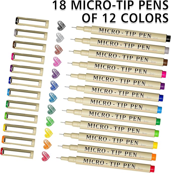 Shuttle Art 18-Pack Micro-line Pens - 11 Waterproof Archival Ink Colors in 0.3MM Felt Tip & 7 Blacks in 0.15-0.5MM For Journaling, Illustrating & Drawing