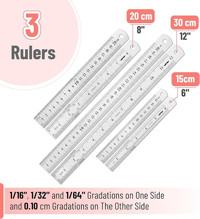 Mr. Pen- Stainless Steel Rulers, 3 pcs, 6", 8" & 12", 6 Inch Ruler Metal Rulers, Small Metal Ruler 6 Inch Metal Ruler Thin Flat, Stainless Steel Ruler 12 Inch, Centimeter Ruler, Steel Ruler 12 Inch