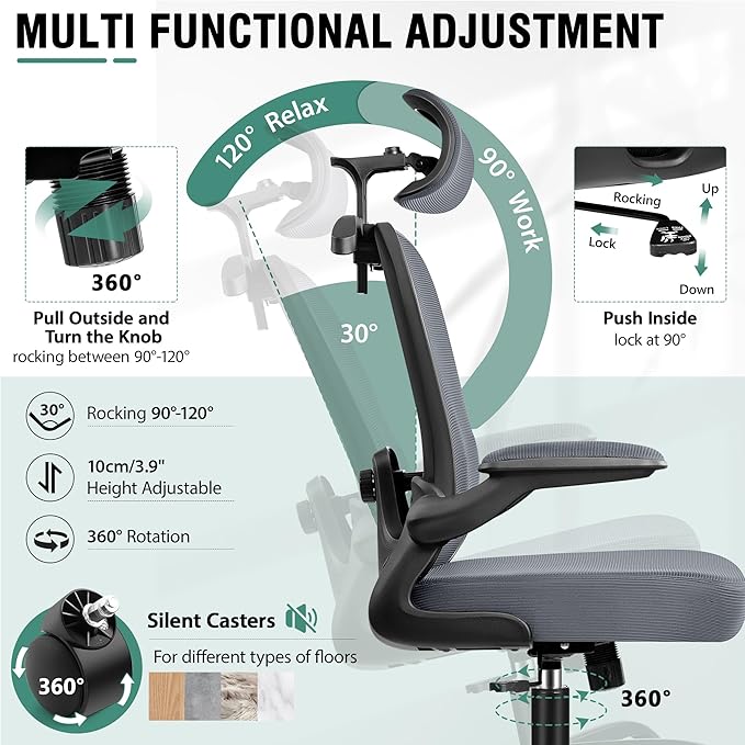 Office Chair, Ergonomic Office Chair with 3D Lumbar Support 3D Headrest, Comfy High Back Home Desk Chairs, Breathable Mesh Computer Chairs with Flip-Up Armrests & Hanger(Dark Gray)