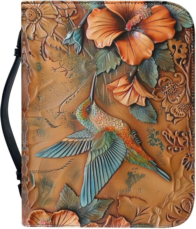 Lotusorchid Large Faux Leather Bible Cover, Hummingbird Bible Cover Case for Women with Handle Pocket, Hibiscus Bible Book Carrying Bags Bible Tote Bag, Bible Study Accessories, Orange, 2XL