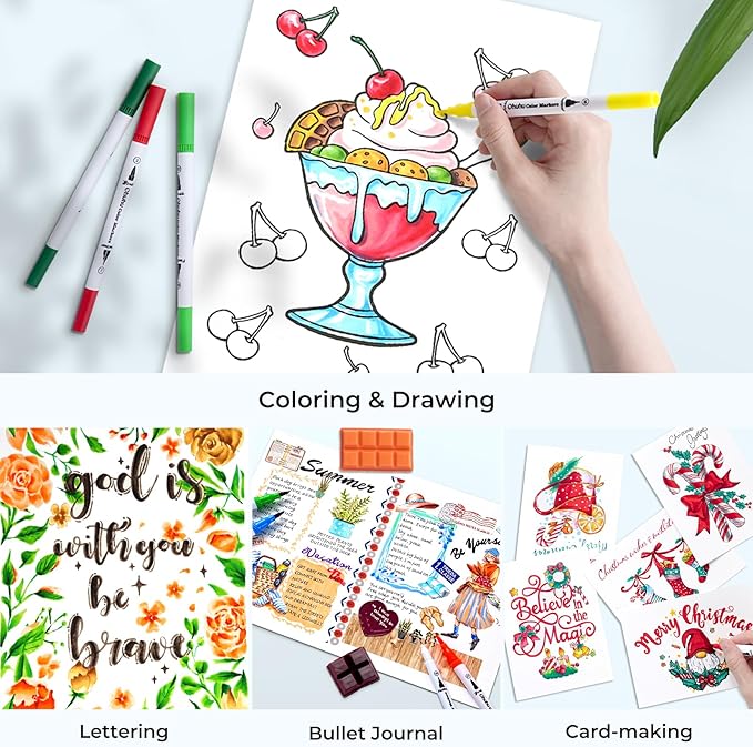 Ohuhu Markers for Adult Coloring Books: 160 Colors Coloring Markers Dual Tips Fine & Brush Drawing Pens Water-Based Art Markers for Kids Adults Sketch Bullet Journal with Carrying Case - Maui - White