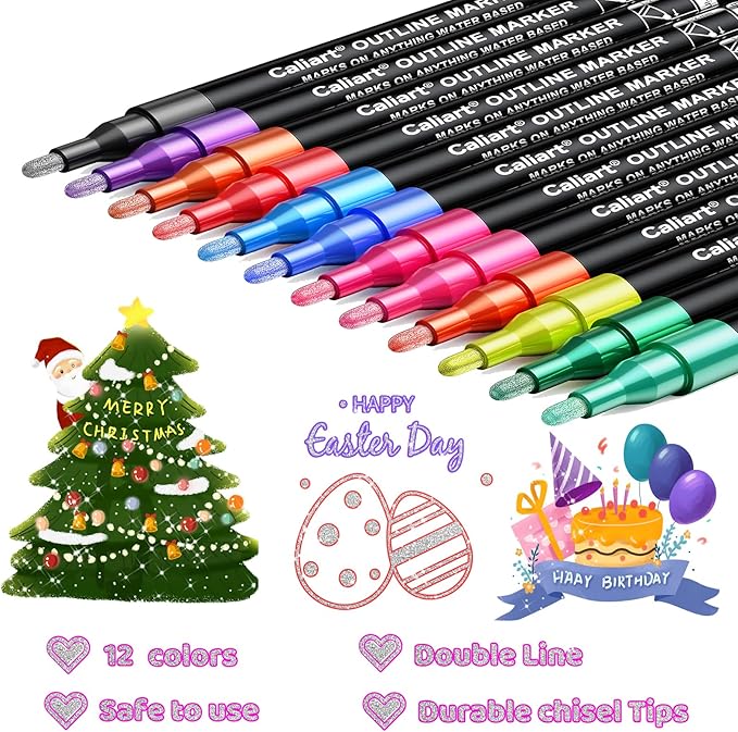 Caliart Easter Basket Stuffers, 12-Color Shimmer Double-Line Drawing Doodle Outline Markers, Teen Girl Gifts Trendy Stuff, Glitter Pens Set Classroom Art Supplies for 4-6-8-10-12 Year Old