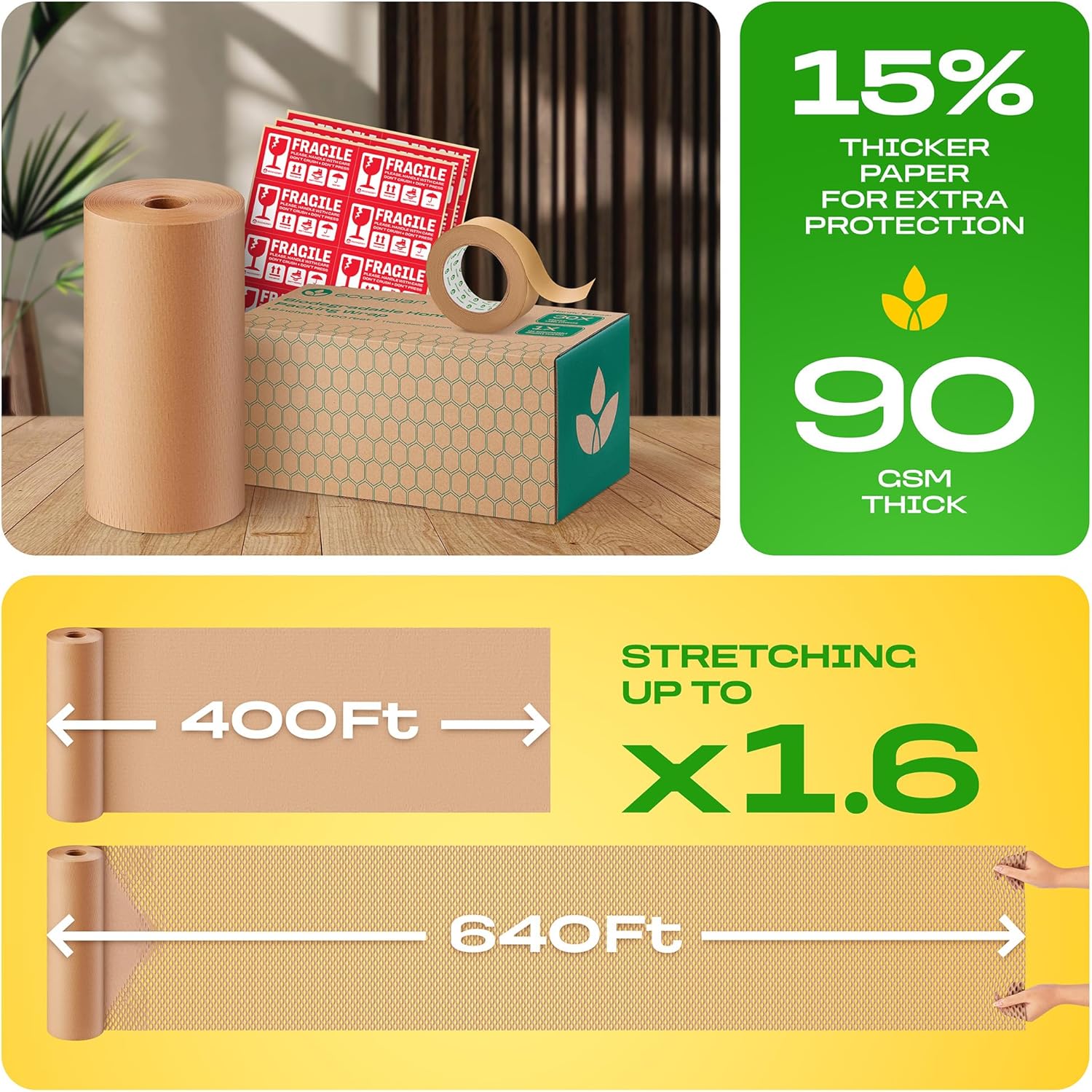 Honeycomb Packing Paper | Extra Thick 90 GSM Packing Wrap | Biodegradable Packing Materials: 12” x 400’ Moving Paper + 195’ Cellulose Adhesive Tape + 30 Fragile Stickers | Paper Bubble Wrap
