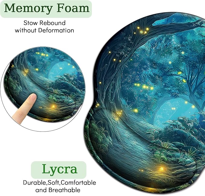 Firefly Forest Mouse Pad with Wrist Rest, Ergonomic Mouse Pad Wrist Support with Non-Slip Pain Relief PU Base, Funny Computer Mousepad, Cute Office Supplies Home Desk Accessories Decor