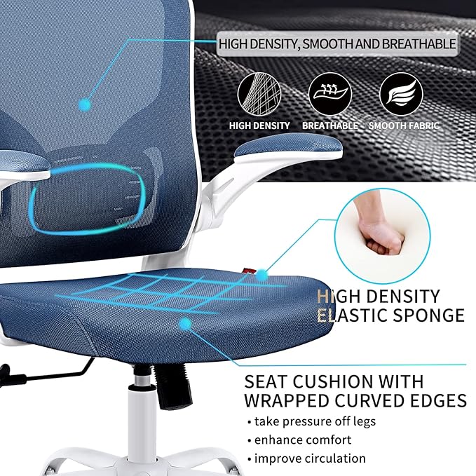 Flysky Ergonomic Office Desk Chair Breathable Mesh Swivel Computer Chair, Lumbar Back Support Task Chair, Office Chairs with Wheels and Flip-up Arms, Adjustable Height(White & Blue)