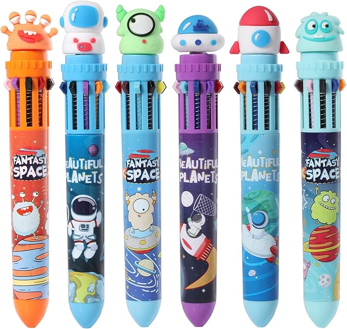 Multicolor Ballpoint Pen 0.7 mm, 10-in-1 Colored Pens Fine Point Retractable Cartoon Space Ballpoint Pens for Office School Students Kids Christmas Gift, 6 Pack