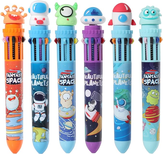 Multicolor Ballpoint Pen 0.7 mm, 10-in-1 Colored Pens Fine Point Retractable Cartoon Space Ballpoint Pens for Office School Supplies Students Kids Gifts, 6 Pack