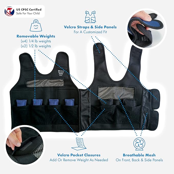 Harkla Weighted Vest for Kids - Neoprene Compression Vest - Ages 5 to 9 - Adjustable Kids Weighted Vest with 2lb weight - Breathable and Washable Compression Vest - Medium