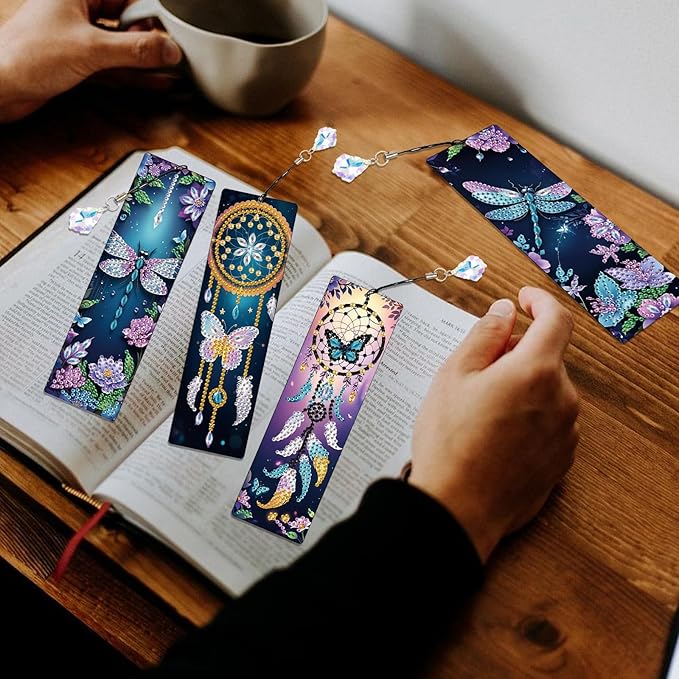 4 Pieces Dream Catcher Diamond Art Bookmarks Dragonfly Butterfly 5D Diamond Art Bookmark Tassel Beaded Book Mark for Graduation Birthday Reading Present DIY Making Beginners Adults Arts Craft Supplies