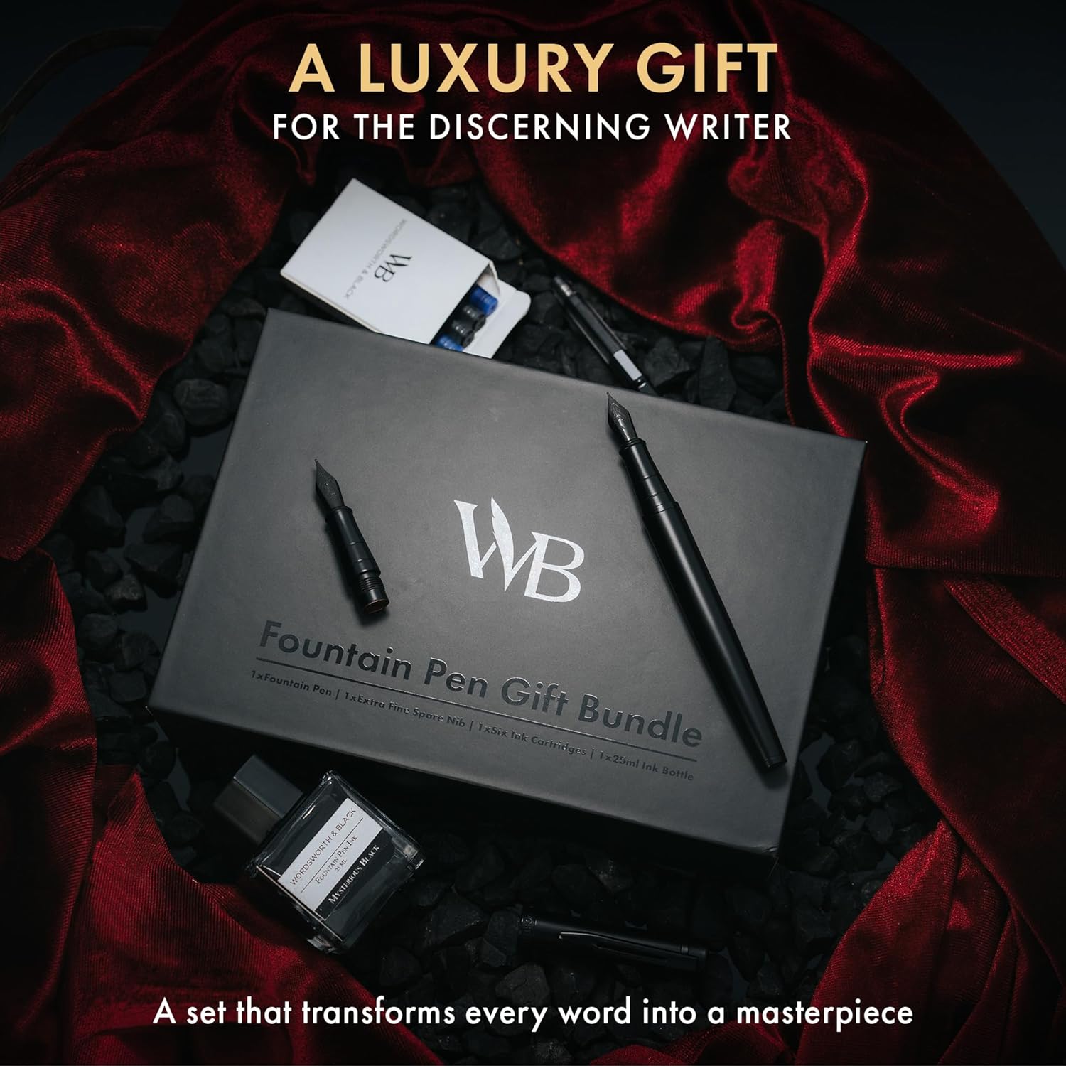 Wordsworth & Black Fountain Pen Set, 18K Gilded Medium and Extra Fine Nib, 25ML Black Ink Bottle, 6 Ink Cartridges,Refill Converter,Gift Box,Smooth Writing Pens [All Black],Gift Set for Men and Women