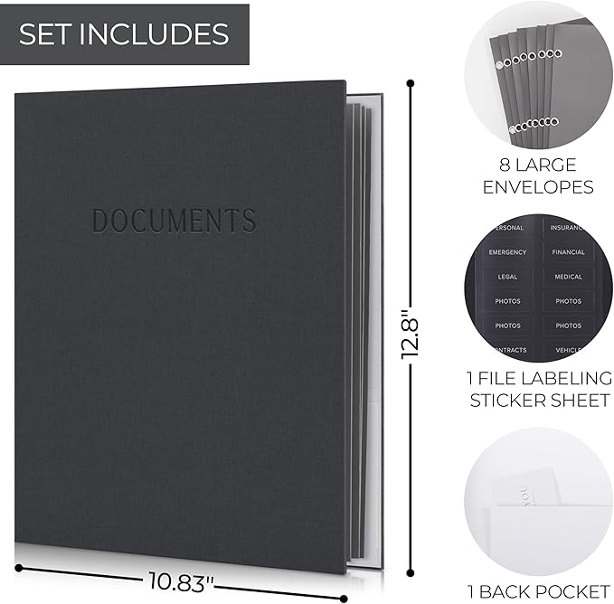 Aesthetic Document Organizer - Sturdy Linen 3-Ring Binder Safely Stores All Your Important Documents and Files in One Place - Easy to Use Expanding Storage Folder Incl. Envelopes, Pockets & Labels