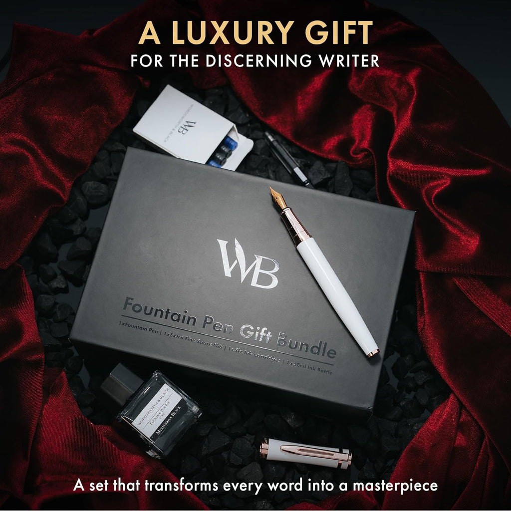 Wordsworth & Black Fountain Pen Set,18K Gilded Medium & Extra Fine Nib,25ML Black Ink Bottle,6 Ink Cartridges,Refill Converter,Gift Box,Smooth Writing Pen [White Rose Gold],Gift Set for Men and Women