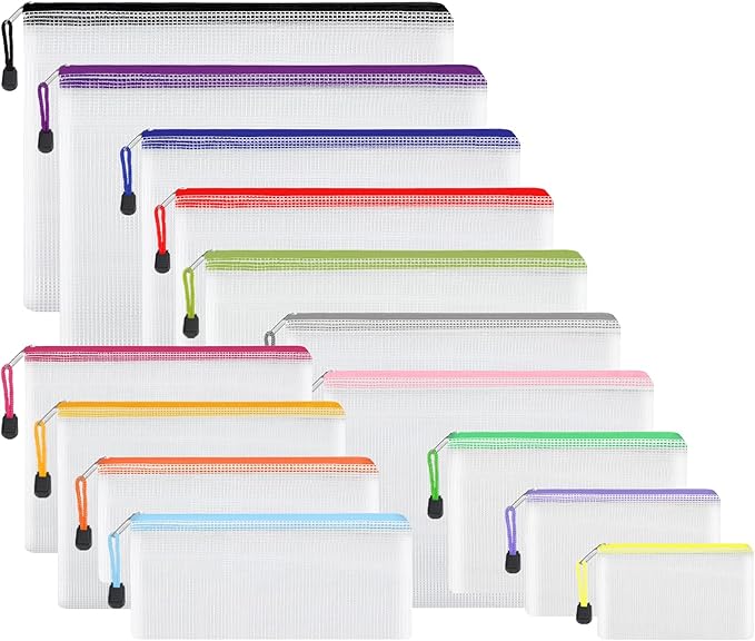 EOOUT 14pcs Zipper Pouches for Organizing, Mesh Zipper Pouch Bags, 8 Sizes 14 Colors Waterproof Mesh Bags with Zipper, for Travel Storage, School Supplies, Office Appliances and Home Organize