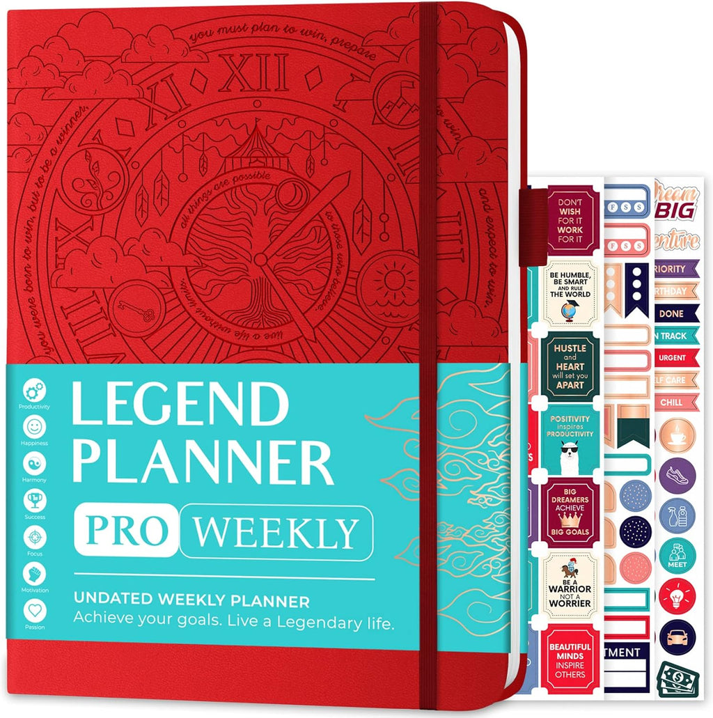 Legend Planner PRO – Deluxe Weekly & Monthly Life Planner to Increase Productivity and Hit Your Goals. Time Management Organizer Notebook – Undated – 7 x 10" Hardcover + Stickers – Red