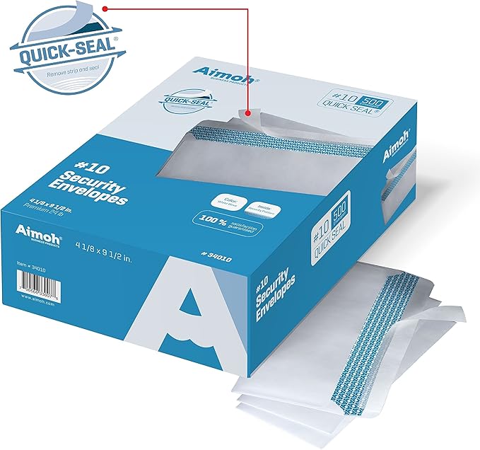 Aimoh #10 Security Self-Seal Envelopes - 1 Case - 5 Packs - 2500 Envelopes, Windowless, Security Tint Pattern, Quick-Seal Closure - EnveGuard - Size 4-1/8 x 9-1/2 Inches - White - 24 LB (34010-CS)