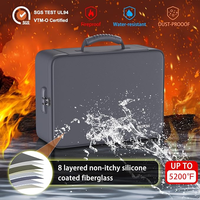 ENGPOW 5200℉ Fireproof File Organizer Bag with 13 Pocket Accordion File Folder,Document Organizer Box with Lock&Labels,Multi-Layer Portable Home Travel Safe Storage Box for Important Documents,Gray