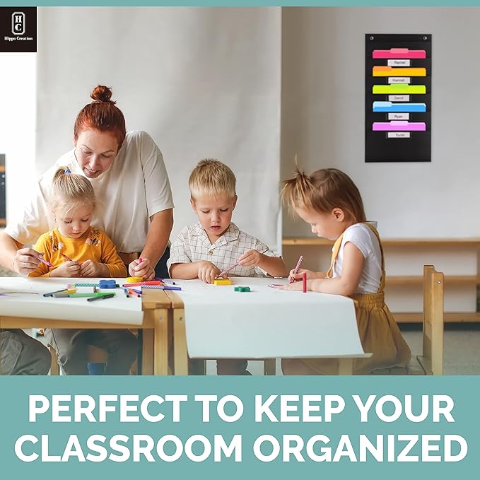 Hippo Creation Heavy Duty Storage Pocket Chart for Classroom, 5 Pocket Storage Organizer with 2 Over-Door Hangers, Hanging Wall Organizer for File Folders, School Mailbox, Home Office Papers - Black