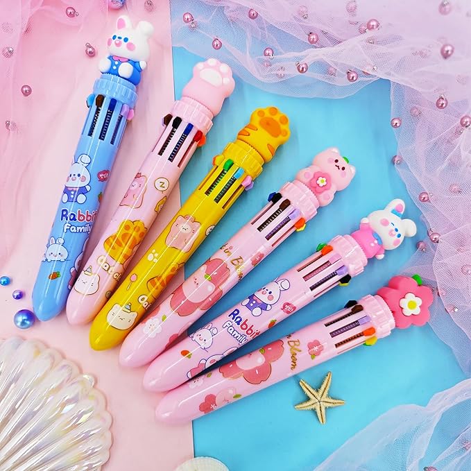 Multicolor Ballpoint Pen 0.7 mm, 10-in-1 Colored Pens Fine Point Retractable Cute Cartoon Ballpoint Pens for Office School Supplies Students Kids Gifts, 6 Pack