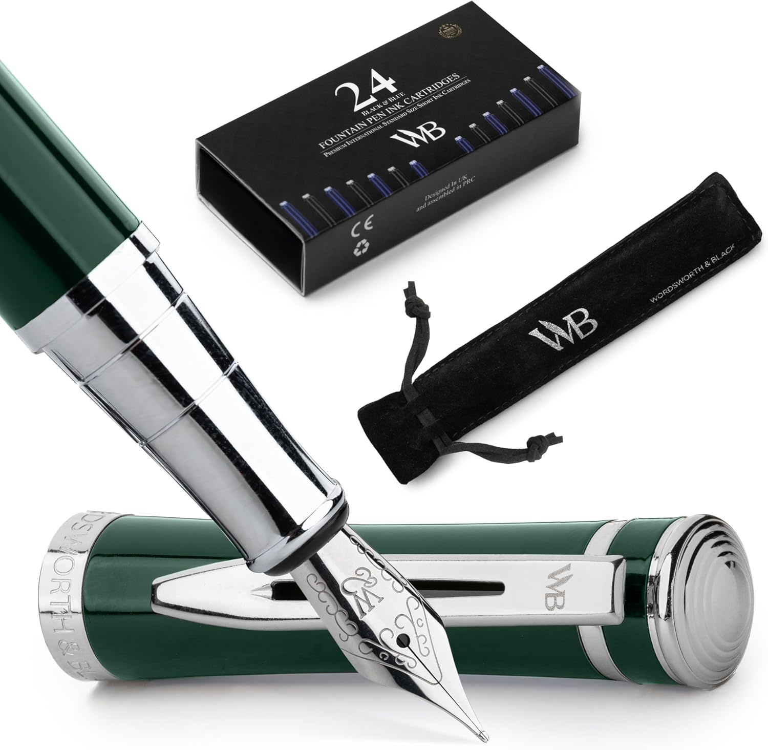 Wordsworth & Black Fountain Pen Set, Medium Nib, Includes 24 Pack Ink Cartridges, Ink Refill Converter & Gift Pouch, Chrome Finish, Calligraphy, [Racing Green], Perfect for Men & Women