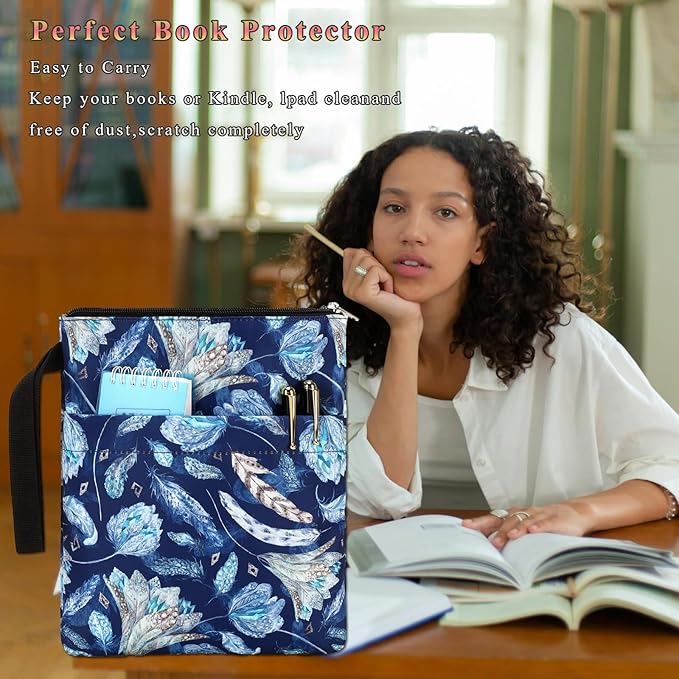 DSIUE Book Sleeve Book Lover Gifts Book Protector with Zipper, Book Covers for Paperbacks, Book Pouch with Pockets, Book Accessories,11.4 X 9 Inch