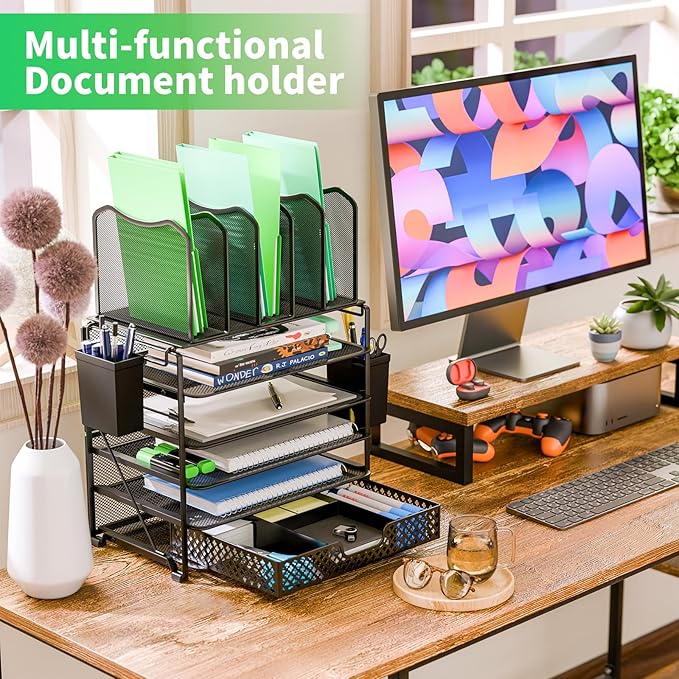 Simple Trending 5 Tier Mesh Desk File Organizer, Paper Letter Tray File Holder with Sliding Drawer Organizer for Office Home, Black