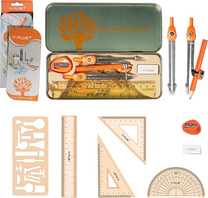 YPLUS Geometry Set for Students, Math Protractor Compass with Rulers, Box of Protactor Kit for Class Supplies and School, Christmas Stocking Stuffers for Kids Toddler 11 Pcs