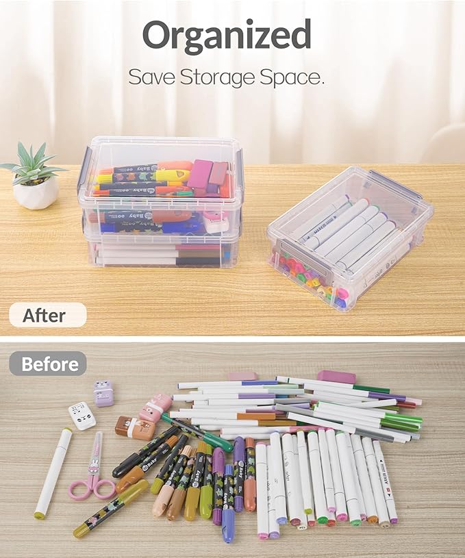 Sooez 6 Pack Extra Large Pencil Box, Plastic Pencil Case Crayon Box Bulk, Clear Marker Organizer Plastic Containers with Lid, Stackable Storage Box for Craft, Pen, Art, School Supply, Multicolor