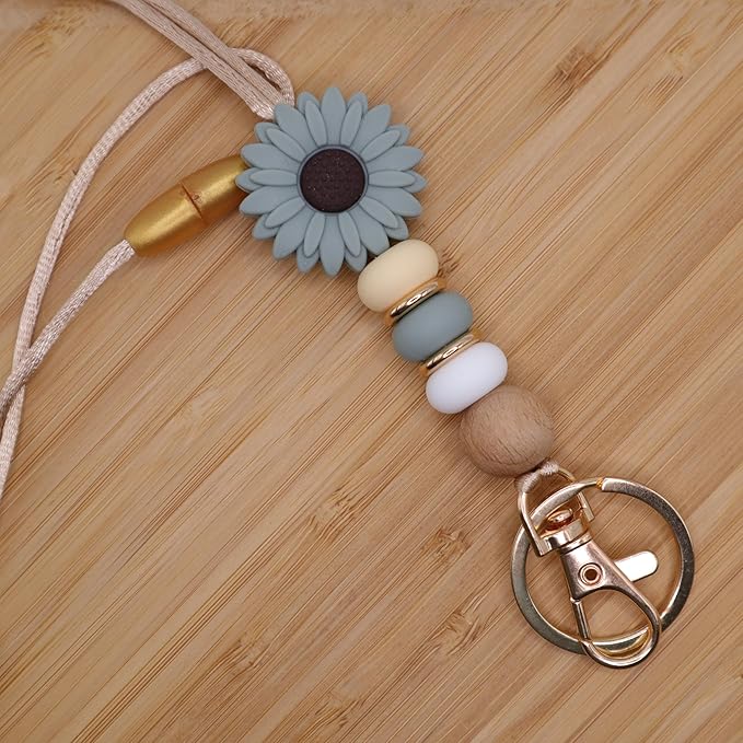 Flower Teacher Lanyards ID Badge and Key Chain, Cute Silicone Beads Lanyard for Women Nurse Work Student (Green)