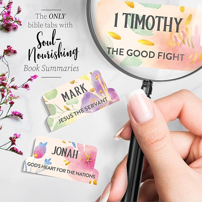 Gold Floral Bible Tabs for Women - Soul Nourishing Book Summaries - 66 Peel-and-Stick Large Print Laminated Bible Tabs | Bible Study Supplies Pink, Journaling Accessories, Gifts, The Shepherd of Life