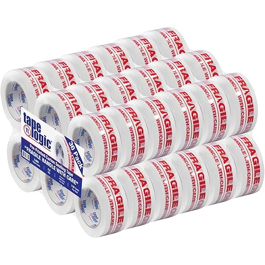 Aviditi Tape Logic 2 Inch x 110 Yard 2.2 Mil Red/White, Heavy Duty Packing Tape, "Fragile Handle With Care" 36 Pack, Perfect for Packing, Shipping, Moving, Home and Office