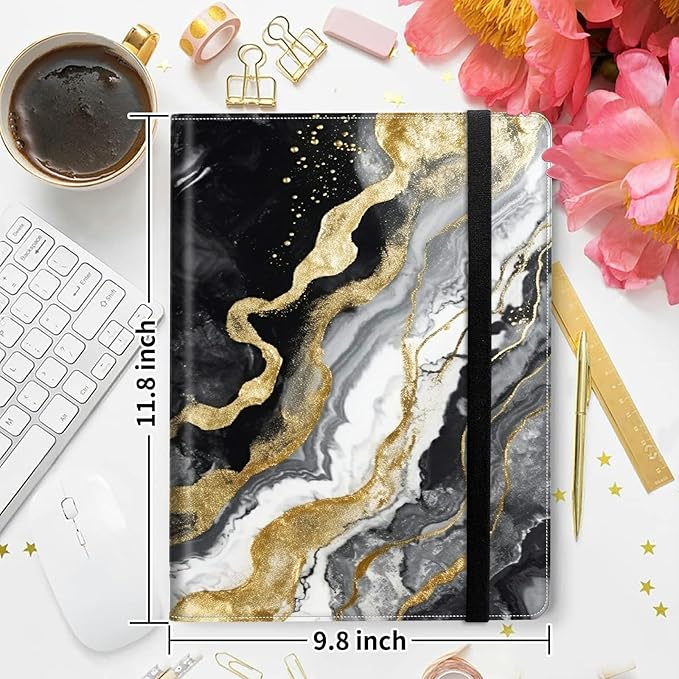 Padfolio Folder with Clipboard,Portfolios Organizer Clipboards with Storage Clipboard Writing Pad PU Leather Conference Document Organizer with Business Card Holder,Black Gold Marble